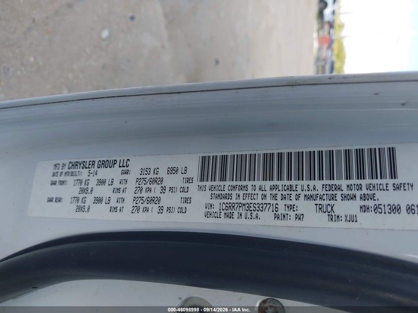 RAM 1500 2014 VIN 1C6RR7PM3ES337716