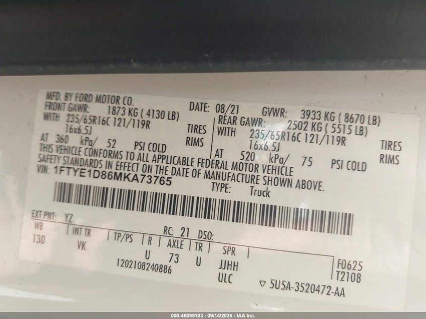 Vin: 1ftye1d86mka73765, lot: 46598761, ford transit-150 crew van 20214