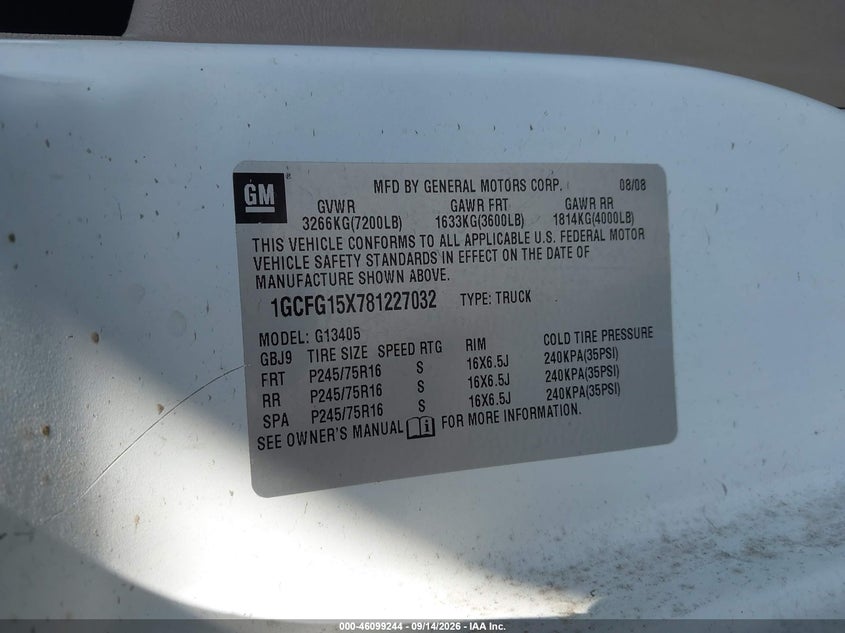 CHEVROLET EXPRESS 2008 VIN 1GCFG15X781227032