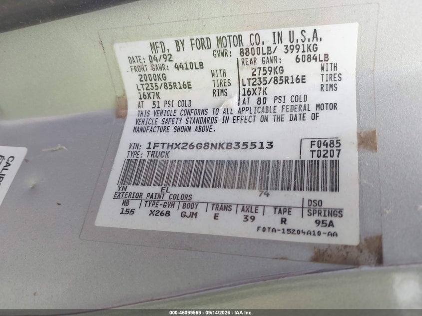 FORD F250 1992 VIN 1FTHX26G8NKB35513