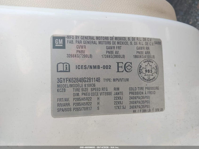 CADILLAC ESCALADE EXT 2008 VIN 3GYFK62848G281148