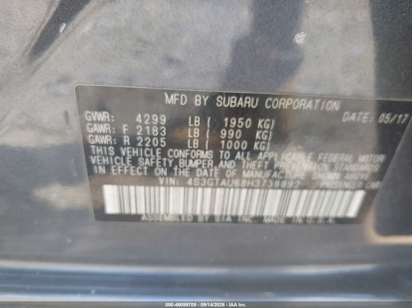 SUBARU IMPREZA 2017 VIN 4S3GTAU68H3738892
