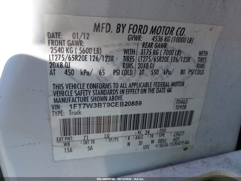 FORD F-350 2012 VIN 1FT7W3BT9CEB20859