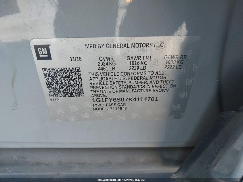CHEVROLET BOLT EV 2019 VIN 1G1FY6S07K4114701