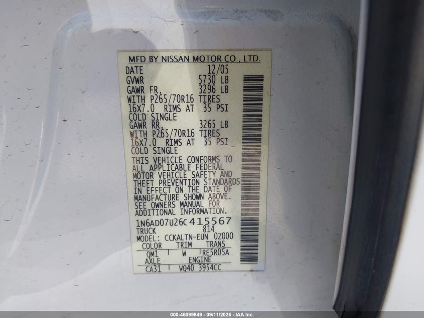 NISSAN FRONTIER 2006 VIN 1N6AD07U26C415567