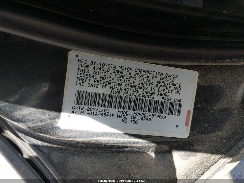LEXUS ES 300 1998 VIN JT8BF28G7W5042373