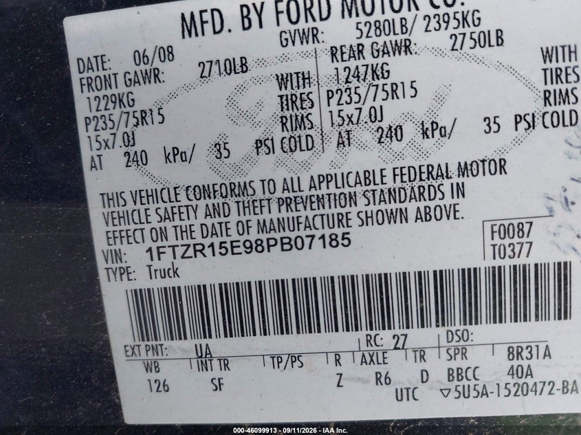 FORD RANGER 2008 VIN 1FTZR15E98PB07185