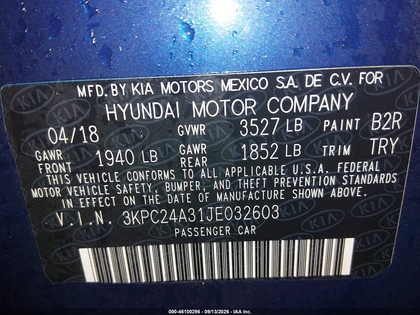 HYUNDAI ACCENT 2018 VIN 3KPC24A31JE032603