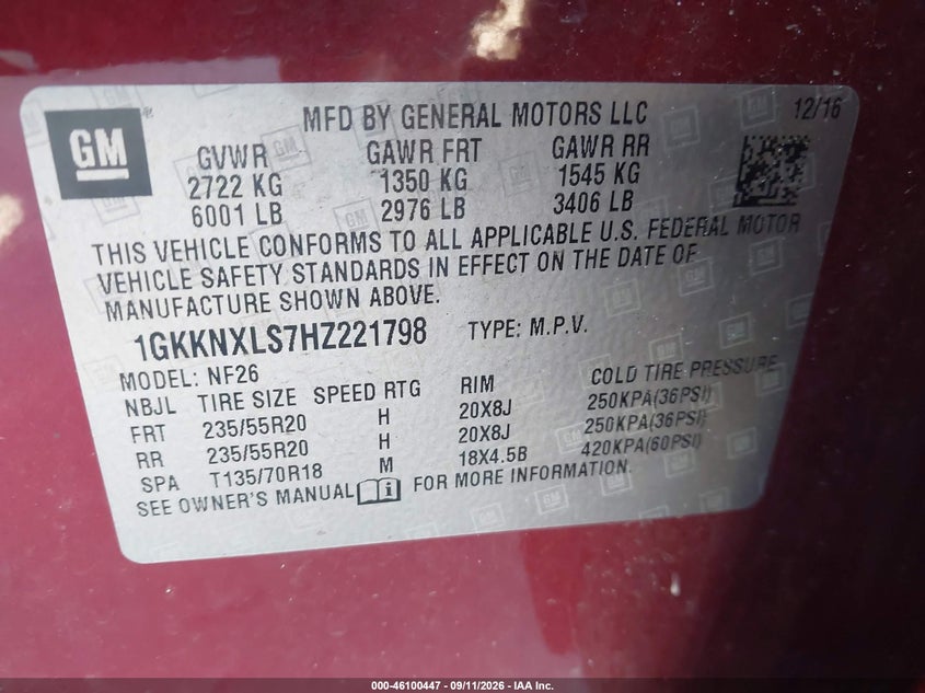 GMC ACADIA 2017 VIN 1GKKNXLS7HZ221798