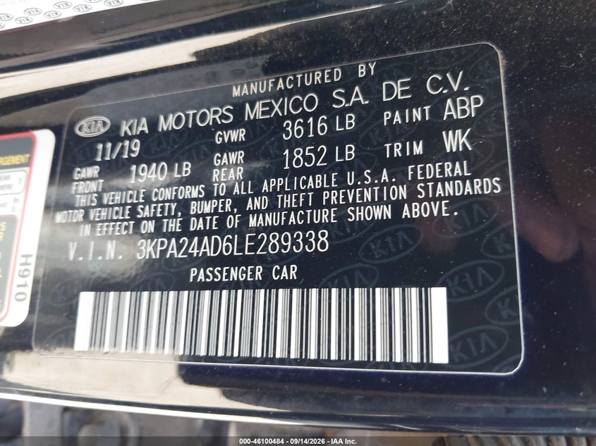 KIA RIO 2020 VIN 3KPA24AD6LE289338