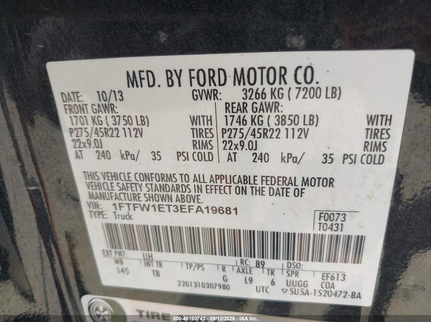 FORD F-150 2014 VIN 1FTFW1ET3EFA19681