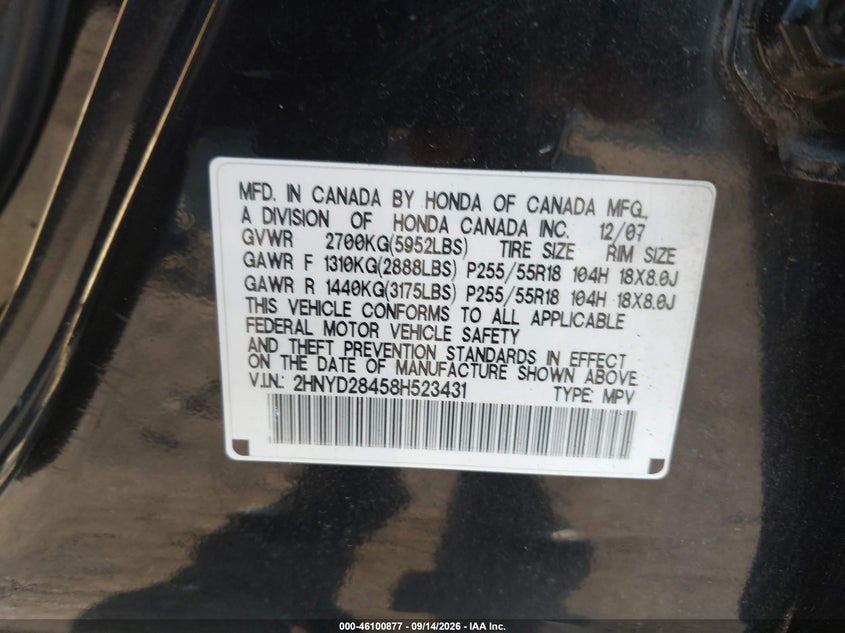 ACURA MDX 2008 VIN 2HNYD28458H523431