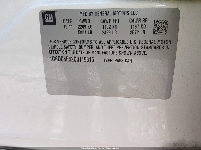 CADILLAC CTS 2012 VIN 1G6DC5E52C0119315