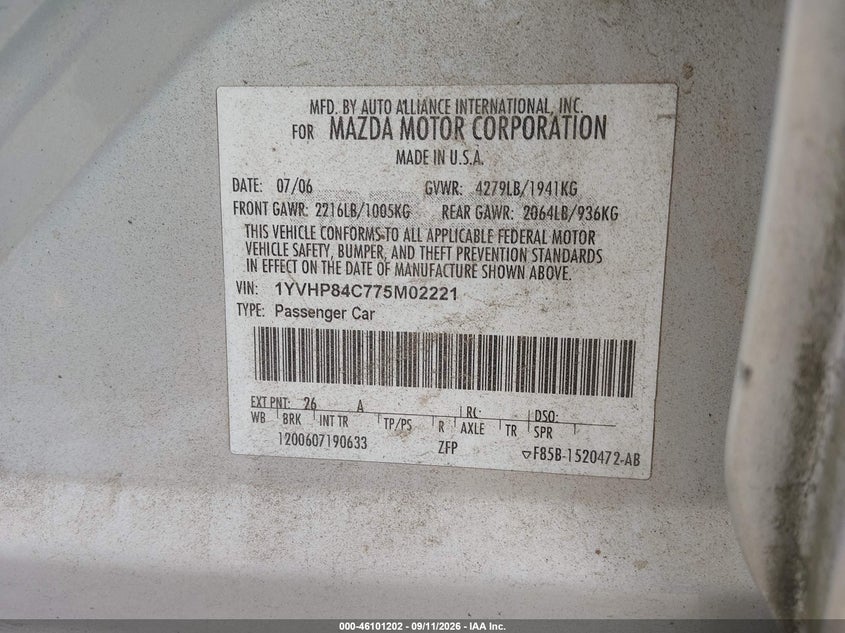 MAZDA MAZDA6 2007 VIN 1YVHP84C775M02221