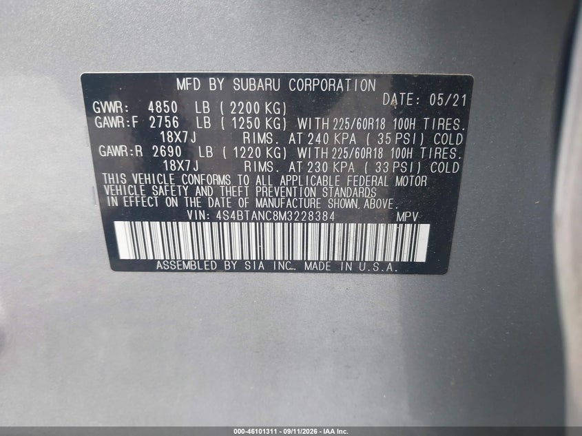 SUBARU OUTBACK 2021 VIN 4S4BTANC8M3228384