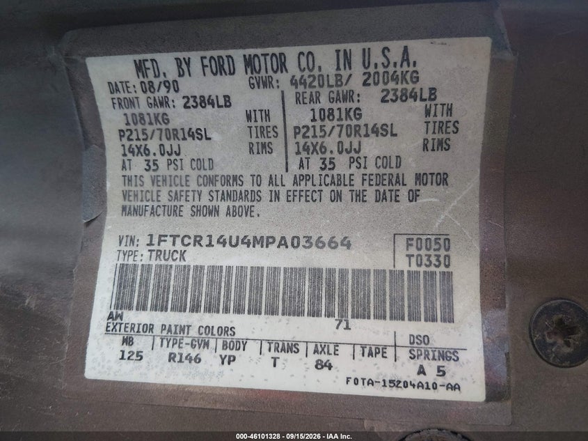 FORD RANGER 1991 VIN 1FTCR14U4MPA03664