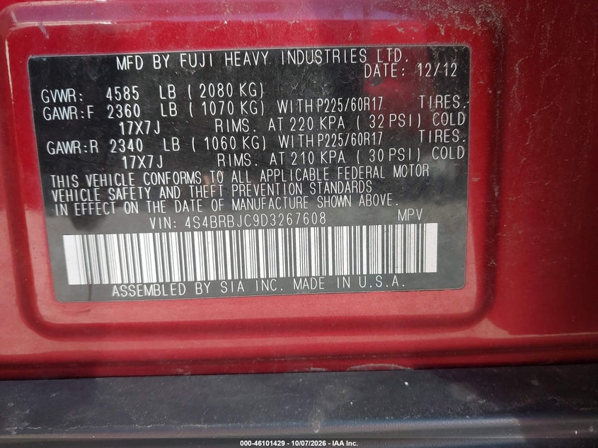 SUBARU OUTBACK 2013 VIN 4S4BRBJC9D3267608