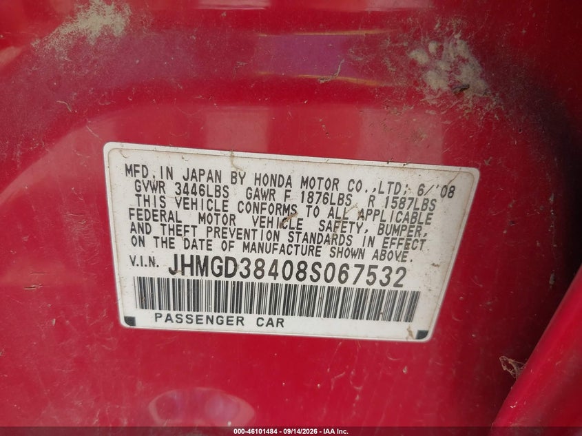 HONDA FIT 2008 VIN JHMGD38408S067532