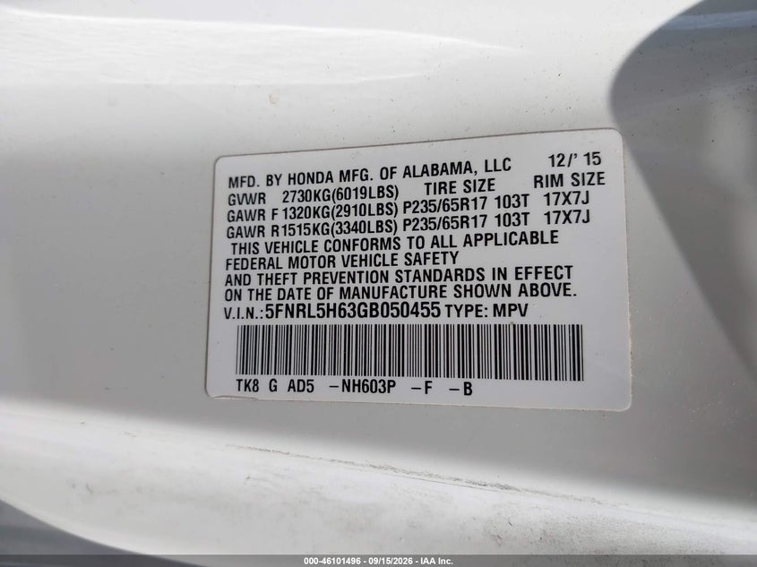 HONDA ODYSSEY 2016 VIN 5FNRL5H63GB050455