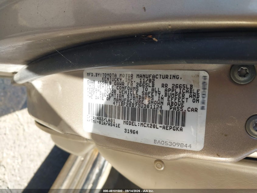TOYOTA AVALON 2003 VIN 4T1BF28B73U301124