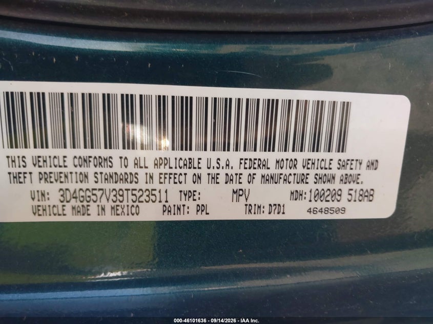 DODGE JOURNEY 2009 VIN 3D4GG57V39T523511