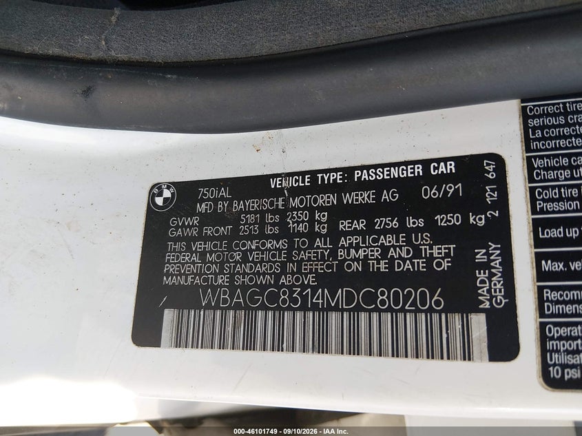 BMW 750 1991 VIN WBAGC8314MDC80206