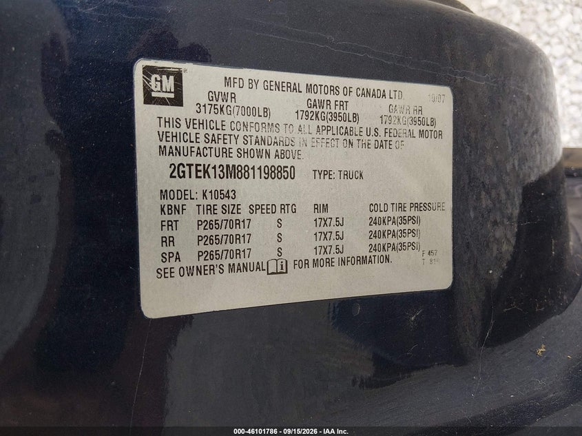 GMC SIERRA 1500 2008 VIN 2GTEK13M881198850
