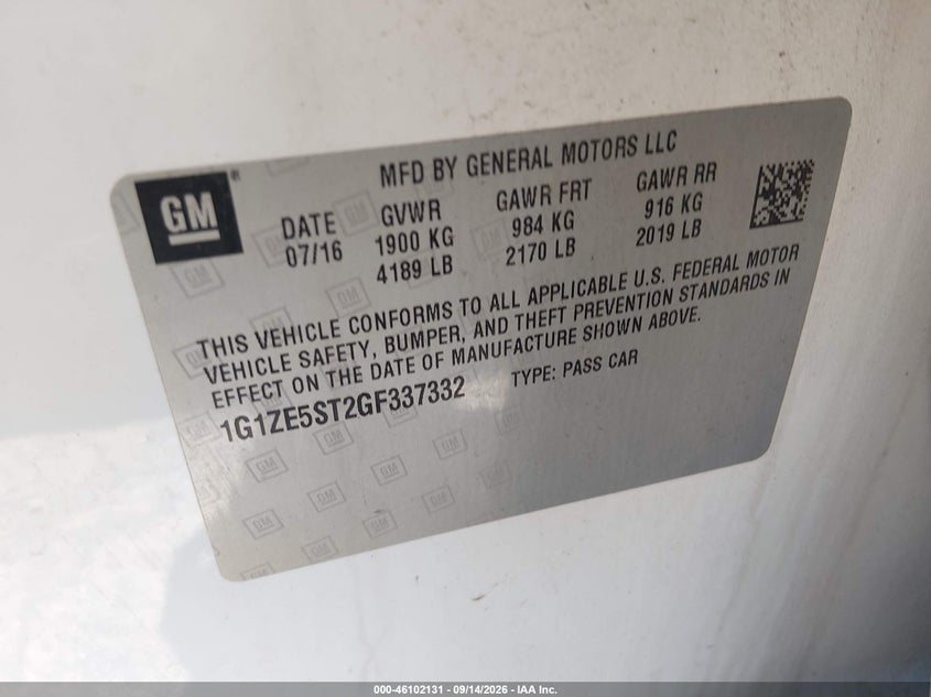 CHEVROLET MALIBU 2016 VIN 1G1ZE5ST2GF337332