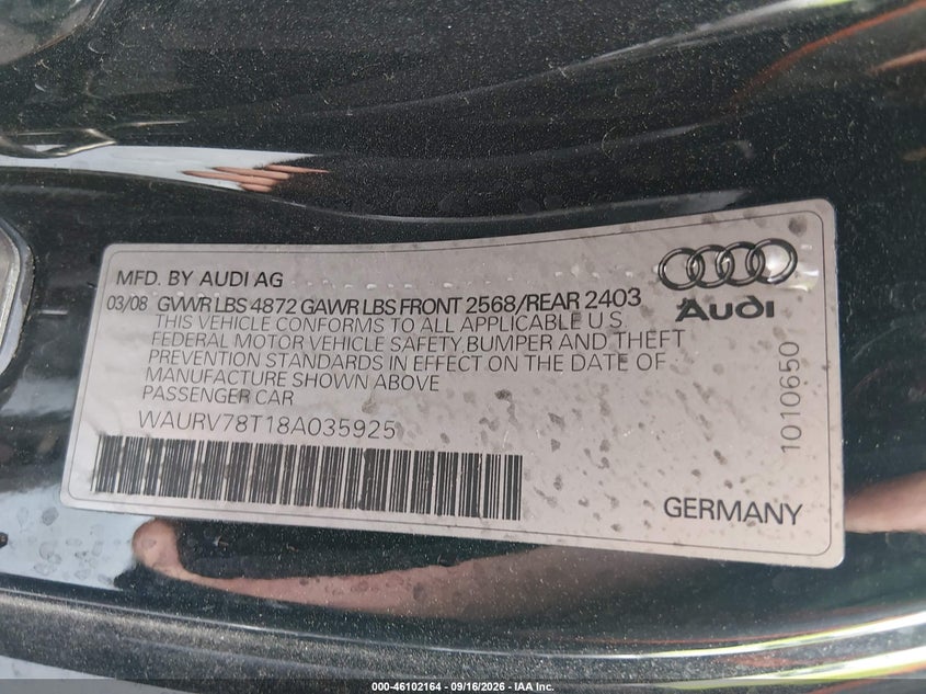 AUDI S5 2008 VIN WAURV78T18A035925