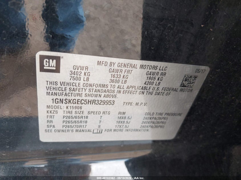 CHEVROLET SUBURBAN 2017 VIN 1GNSKGEC5HR329953