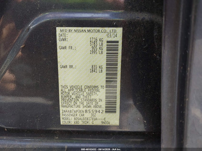 NISSAN SENTRA 2014 VIN 1N4AB7AP3EN855942