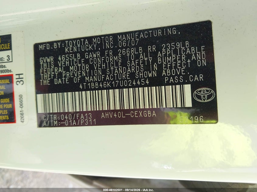 TOYOTA CAMRY HYBRID 2007 VIN 4T1BB46K17U024454