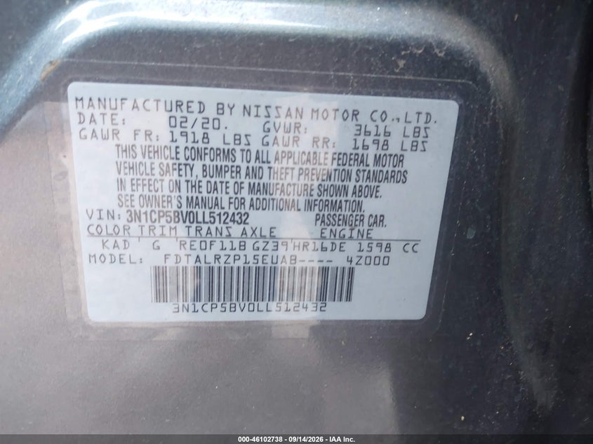 NISSAN KICKS 2020 VIN 3N1CP5BV0LL512432