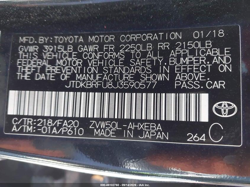 TOYOTA PRIUS 2018 VIN JTDKBRFU8J3590577
