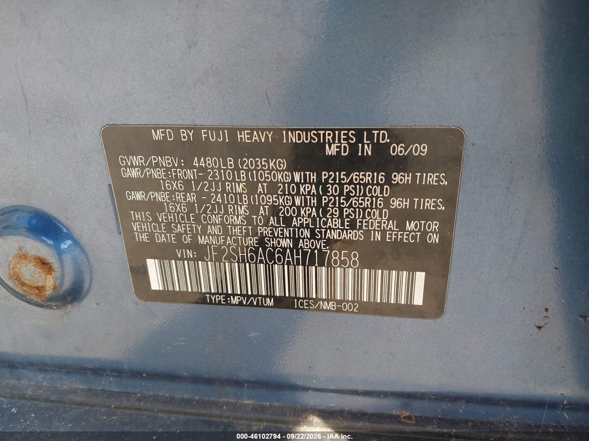 SUBARU FORESTER 2010 VIN JF2SH6AC6AH717858