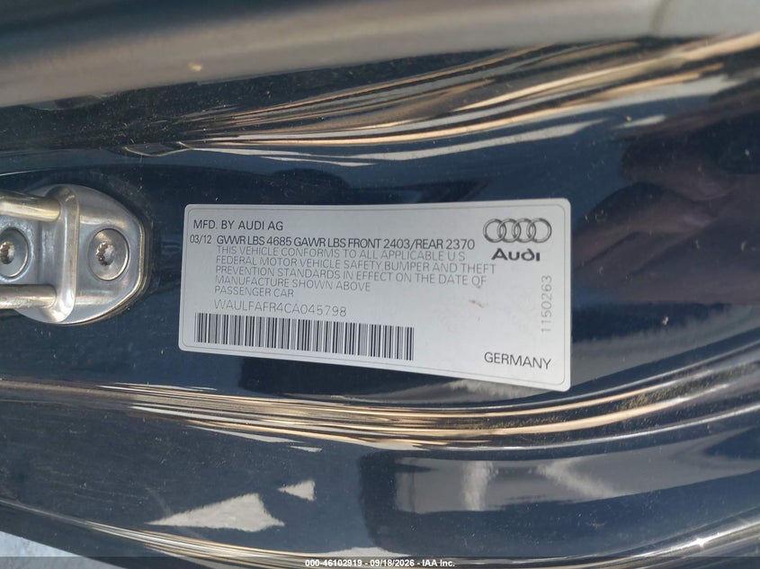 AUDI A5 2012 VIN WAULFAFR4CA045798