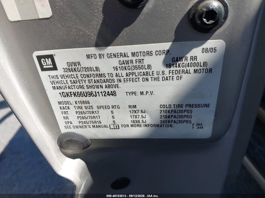 GMC YUKON XL 1500 2006 VIN 1GKFK66U96J112448