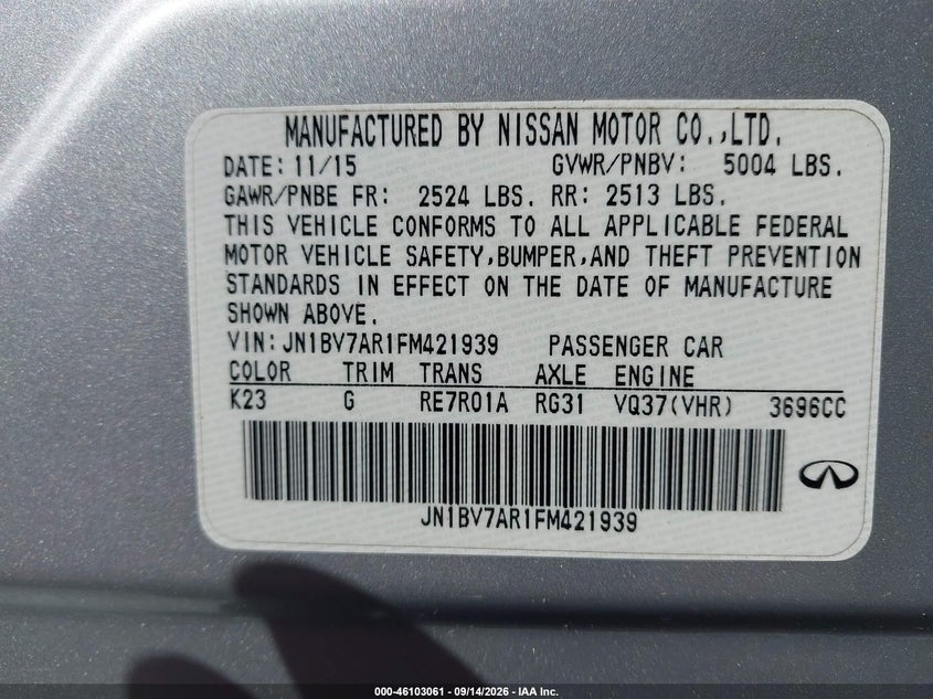 INFINITI Q50 2015 VIN JN1BV7AR1FM421939