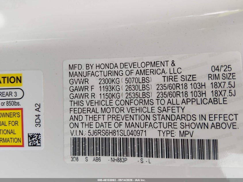 HONDA CR-V HYBRID 2025 VIN 5J6RS6H81SL040971