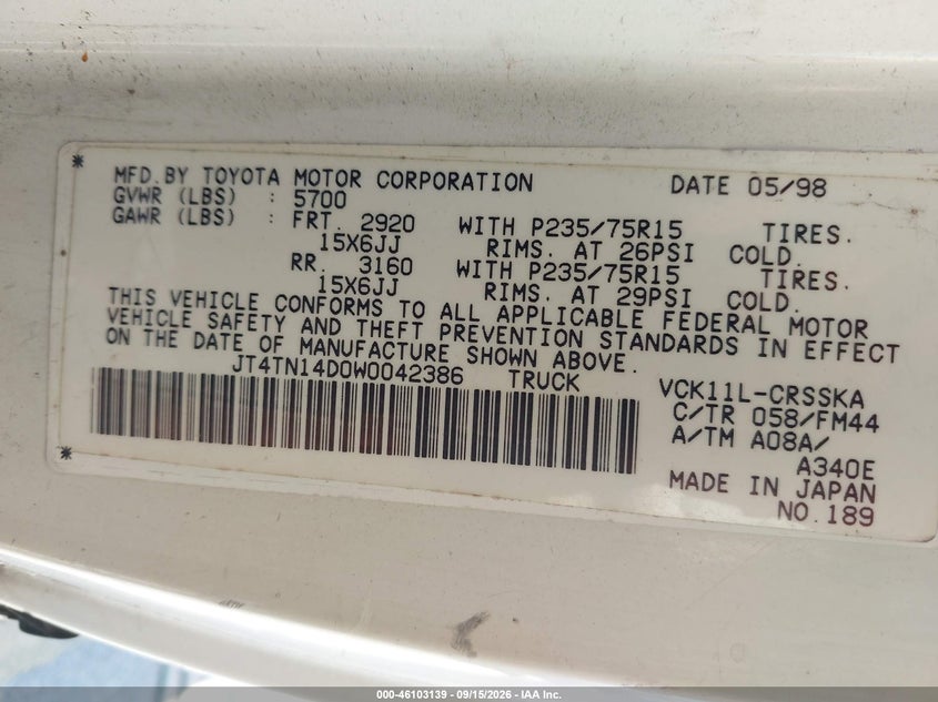 TOYOTA T100 1998 VIN JT4TN14D0W0042386