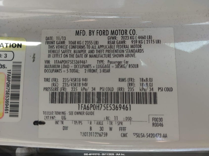 FORD FUSION 2014 VIN 1FA6P0H75E5369461