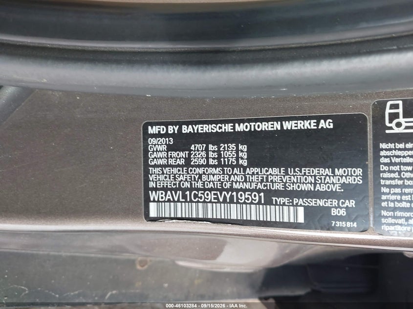 BMW X1 2014 VIN WBAVL1C59EVY19591