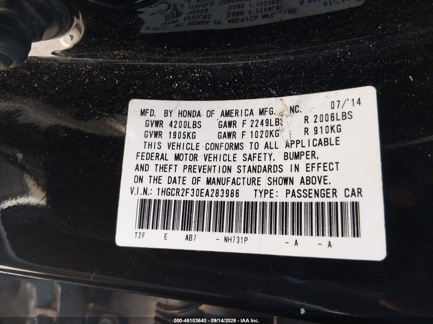 HONDA ACCORD 2014 VIN 1HGCR2F30EA283986