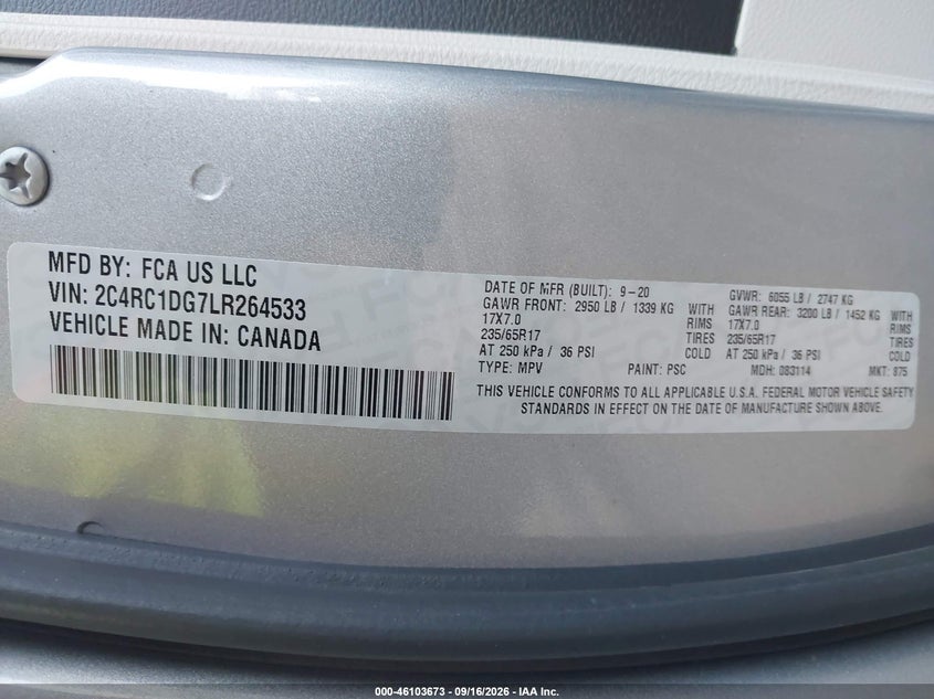 CHRYSLER VOYAGER 2020 VIN 2C4RC1DG7LR264533