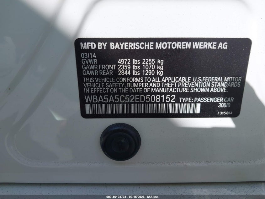 BMW 528I 2014 VIN WBA5A5C52ED508152