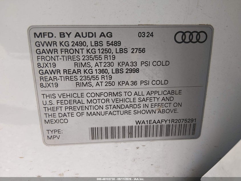 AUDI Q5 2024 VIN WA1EAAFY1R2075291