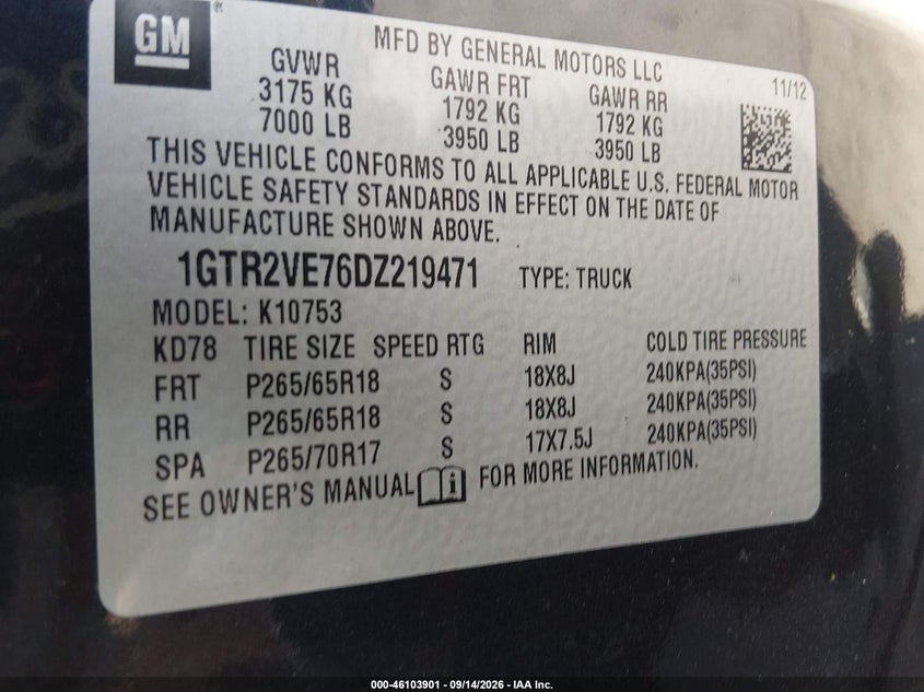 GMC SIERRA 1500 2013 VIN 1GTR2VE76DZ219471
