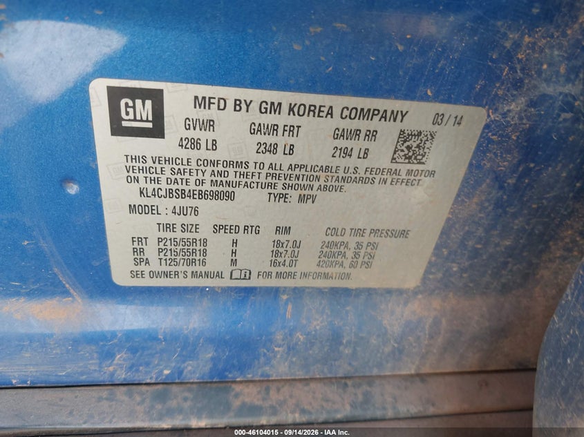 BUICK ENCORE 2014 VIN KL4CJBSB4EB698090