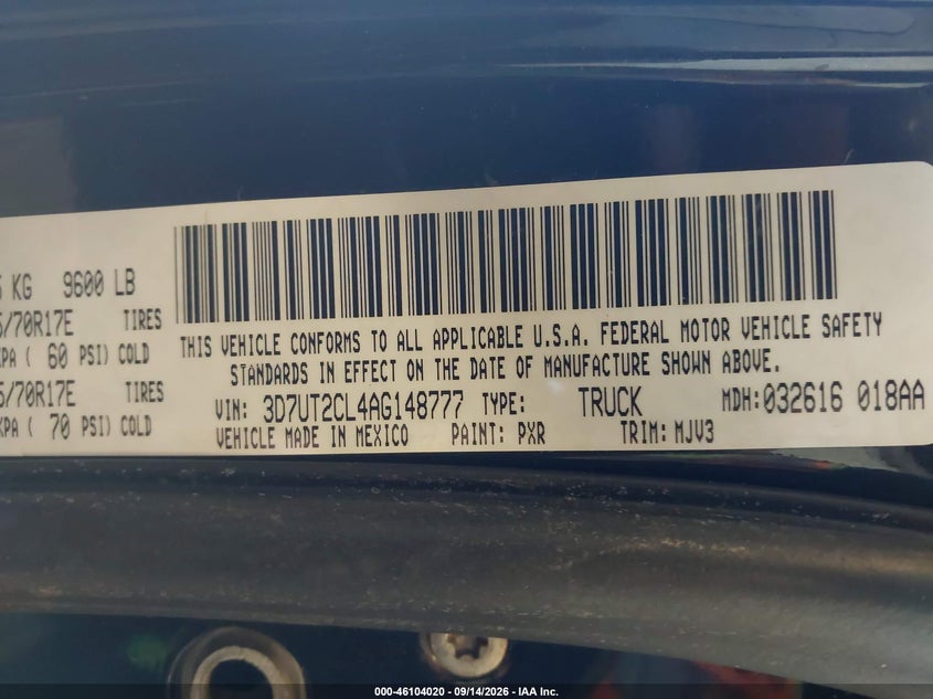 DODGE RAM 2500 2010 VIN 3D7UT2CL4AG148777