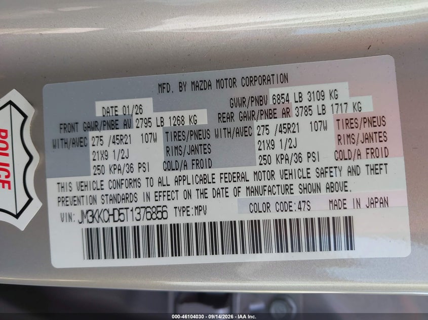 MAZDA CX-90 2026 VIN JM3KKCHD5T1376856